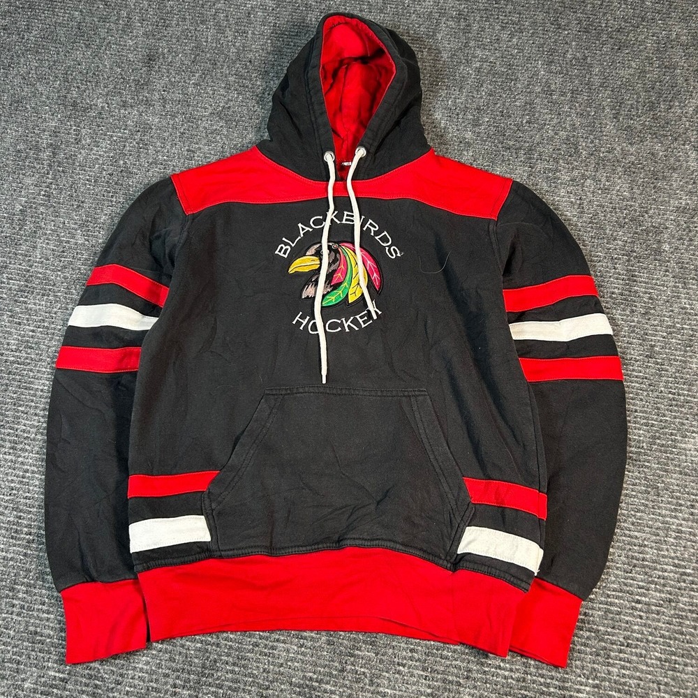 Blackhawks Hockey Hoodie Mens Medium Black Red Excellent Colorblock Pullover